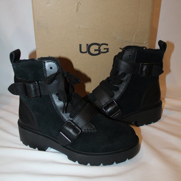 NIB UGG‎ WOMEN'S ZORRAH LEATHER SUEDE MOTO ANKLE BOOOTS BLACK - Picture 1 of 6